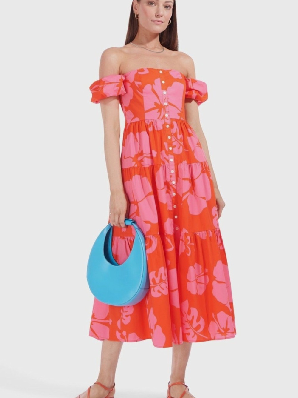 NWT STAUD Elio in Red Hibiscus Off-Shoulder Floral Midi Dress